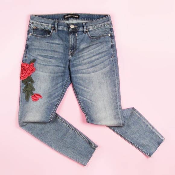 Express Denim - Express Floral Embroidered Skinny Jeans Raw Hem